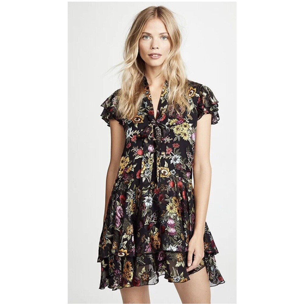 Alice‎ + Olivia Moore Western Floral Tie Neck Layered Dress $440 Size 4